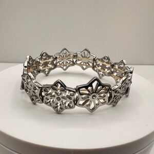 Vintage Y2K Silver Tone Filigree Stretch Link Bracelet Clear Rhinestone Jewelry